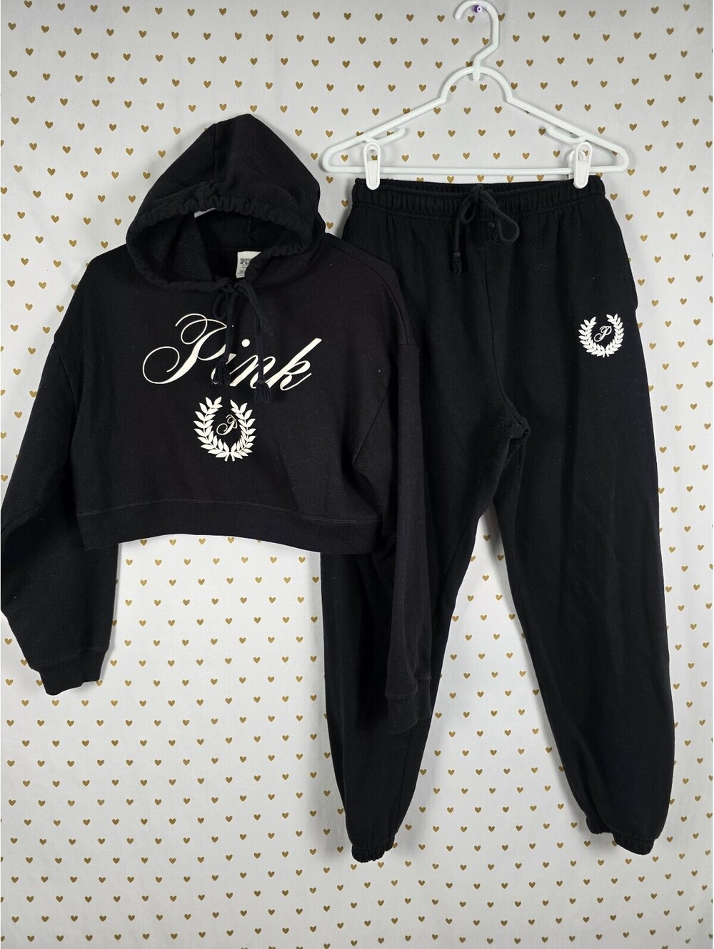 Victorias Secret Pink Crest Logo Cropped Sweater SET Sweatpants SMALL Hoodie